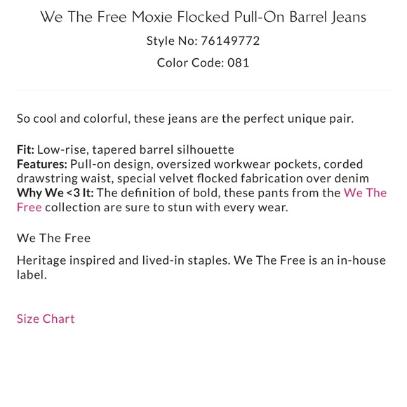 We the Free Blue Moxie Flocked Pull-On Barrel Jeans size 28 NWOT - Picture 5 of 11